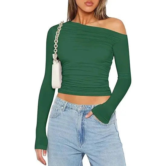 Cross-Border Women's Fashion Fall Top Spicy Girl Pullover Long Sleeve Off-The-Shoulder Belly T-Shirt Base Layer Top For Outdoors