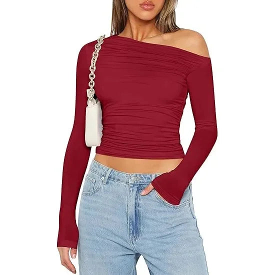 Cross-Border Women's Fashion Fall Top Spicy Girl Pullover Long Sleeve Off-The-Shoulder Belly T-Shirt Base Layer Top For Outdoors