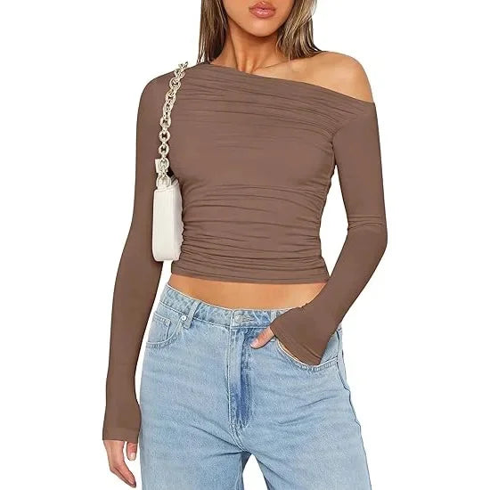 Cross-Border Women's Fashion Fall Top Spicy Girl Pullover Long Sleeve Off-The-Shoulder Belly T-Shirt Base Layer Top For Outdoors
