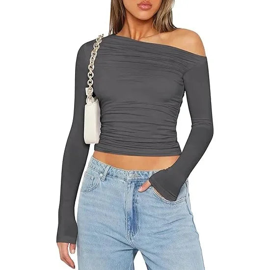 Cross-Border Women's Fashion Fall Top Spicy Girl Pullover Long Sleeve Off-The-Shoulder Belly T-Shirt Base Layer Top For Outdoors