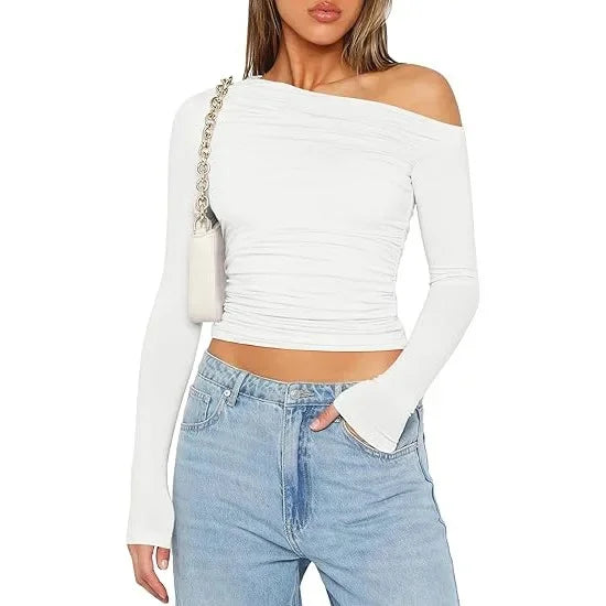 Cross-Border Women's Fashion Fall Top Spicy Girl Pullover Long Sleeve Off-The-Shoulder Belly T-Shirt Base Layer Top For Outdoors