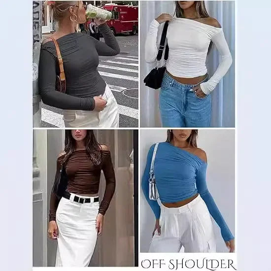 Cross-Border Women's Fashion Fall Top Spicy Girl Pullover Long Sleeve Off-The-Shoulder Belly T-Shirt Base Layer Top For Outdoors
