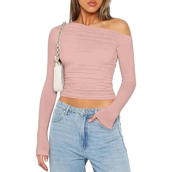 Cross-Border Women's Fashion Fall Top Spicy Girl Pullover Long Sleeve Off-The-Shoulder Belly T-Shirt Base Layer Top For Outdoors