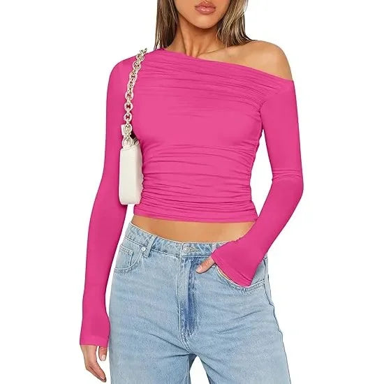 Cross-Border Women's Fashion Fall Top Spicy Girl Pullover Long Sleeve Off-The-Shoulder Belly T-Shirt Base Layer Top For Outdoors