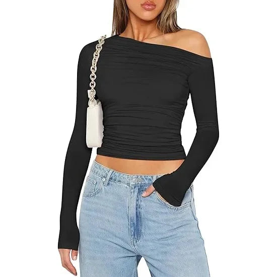 Cross-Border Women's Fashion Fall Top Spicy Girl Pullover Long Sleeve Off-The-Shoulder Belly T-Shirt Base Layer Top For Outdoors