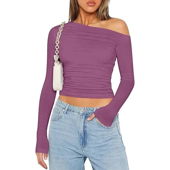 Cross-Border Women's Fashion Fall Top Spicy Girl Pullover Long Sleeve Off-The-Shoulder Belly T-Shirt Base Layer Top For Outdoors