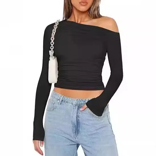 Cross-Border Women's Fashion Fall Top Spicy Girl Pullover Long Sleeve Off-The-Shoulder Belly T-Shirt Base Layer Top For Outdoors