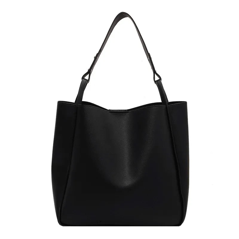 Simple Women Bucket Shoulder Bags New Solid Color Handbags Retro Large Capacity Tote Bags Large Capacity Pu Leather Bags 2024