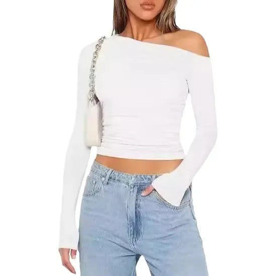 Cross-Border Women's Fashion Fall Top Spicy Girl Pullover Long Sleeve Off-The-Shoulder Belly T-Shirt Base Layer Top For Outdoors