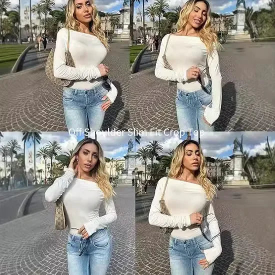 Cross-Border Women's Fashion Fall Top Spicy Girl Pullover Long Sleeve Off-The-Shoulder Belly T-Shirt Base Layer Top For Outdoors