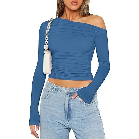 Cross-Border Women's Fashion Fall Top Spicy Girl Pullover Long Sleeve Off-The-Shoulder Belly T-Shirt Base Layer Top For Outdoors