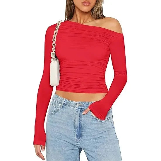 Cross-Border Women's Fashion Fall Top Spicy Girl Pullover Long Sleeve Off-The-Shoulder Belly T-Shirt Base Layer Top For Outdoors