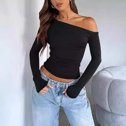 Cross-Border Women's Fashion Fall Top Spicy Girl Pullover Long Sleeve Off-The-Shoulder Belly T-Shirt Base Layer Top For Outdoors